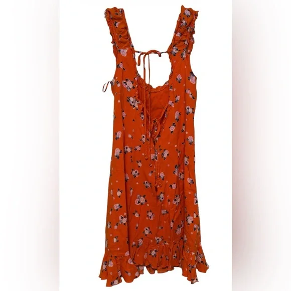 Free People Like A Lady Mini Dress Orange Floral Ruffle Boho Open Back XS - Picture 3 of 4